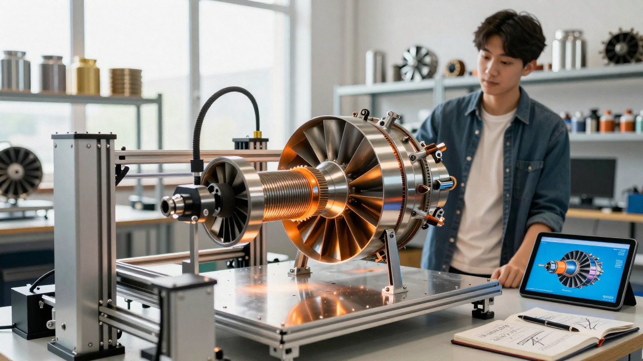 Jovem observando modelo de motor a jato em bancada de laboratório com tablet e caderno ao lado.