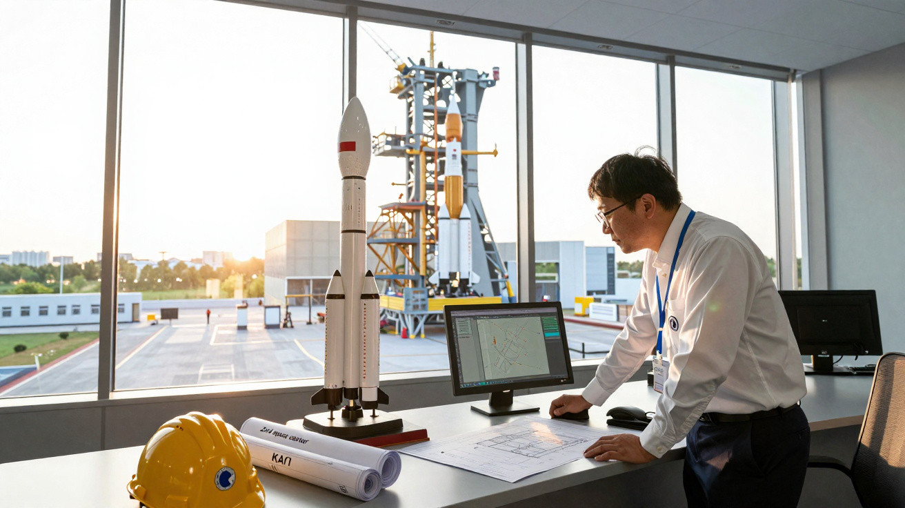 Engenheiro analisando projeto espacial com maquete de foguete e plantas em escritório com vista para plataforma de lançamento