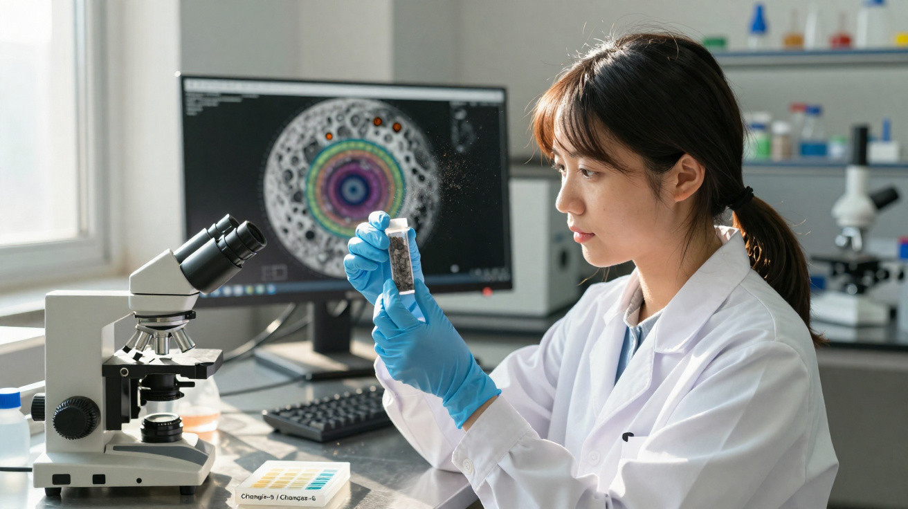 Mulher cientista em laboratório examinando amostra, com microscópio e imagem científica no computador ao fundo.