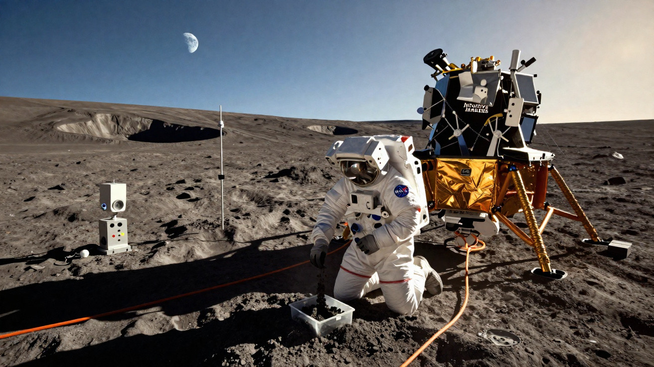 Astronauta da NASA coleta amostras do solo lunar próximo ao módulo lunar e equipamentos na superfície da Lua.