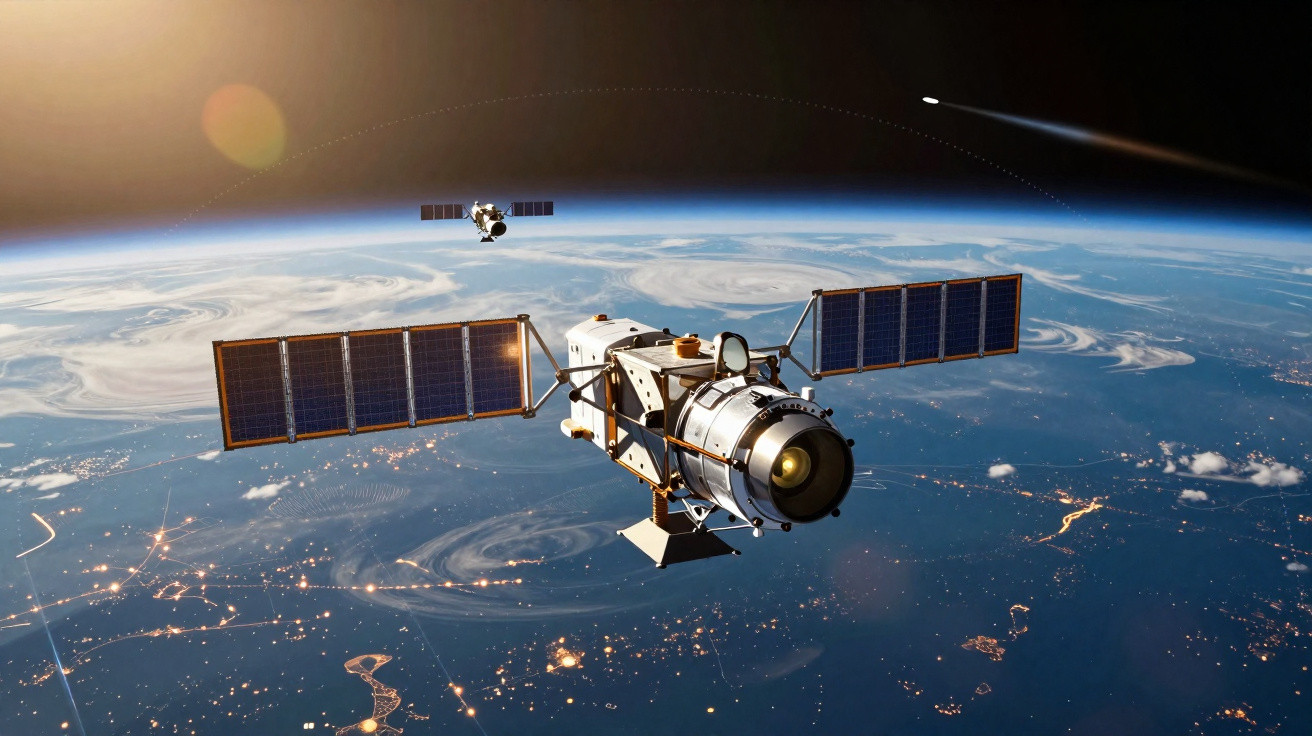 Satélite com painéis solares orbitando a Terra, visível com nuvens e luzes de cidades durante o pôr do sol.
