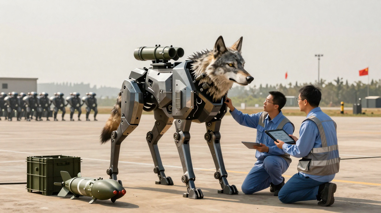 Homem interage com cão robótico com cabeça de lobo em ambiente militar aberto com soldados ao fundo.