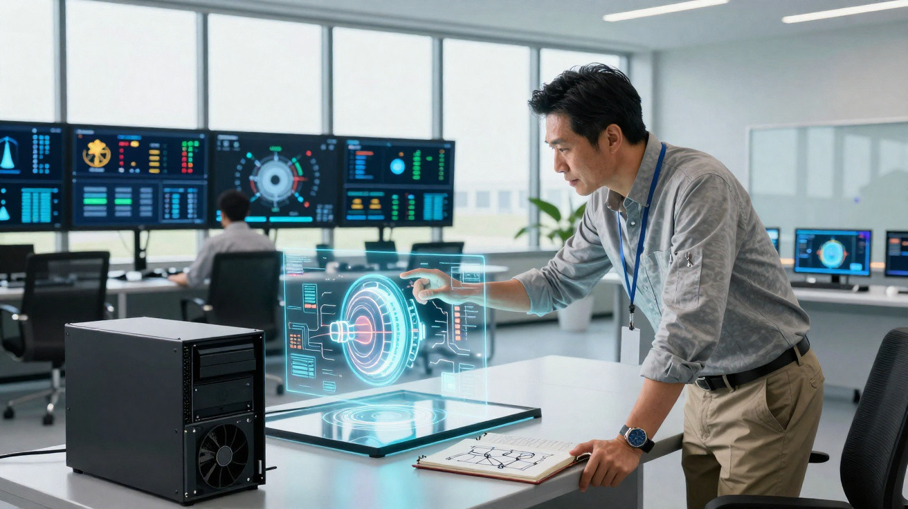 Homem interagindo com tecnologia holográfica em ambiente moderno de escritório com várias telas digitais.