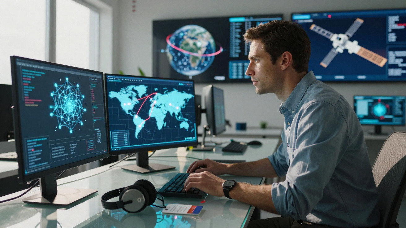 Homem analisando dados em mapas e gráficos de rede em múltiplas telas em ambiente de trabalho tecnológico.