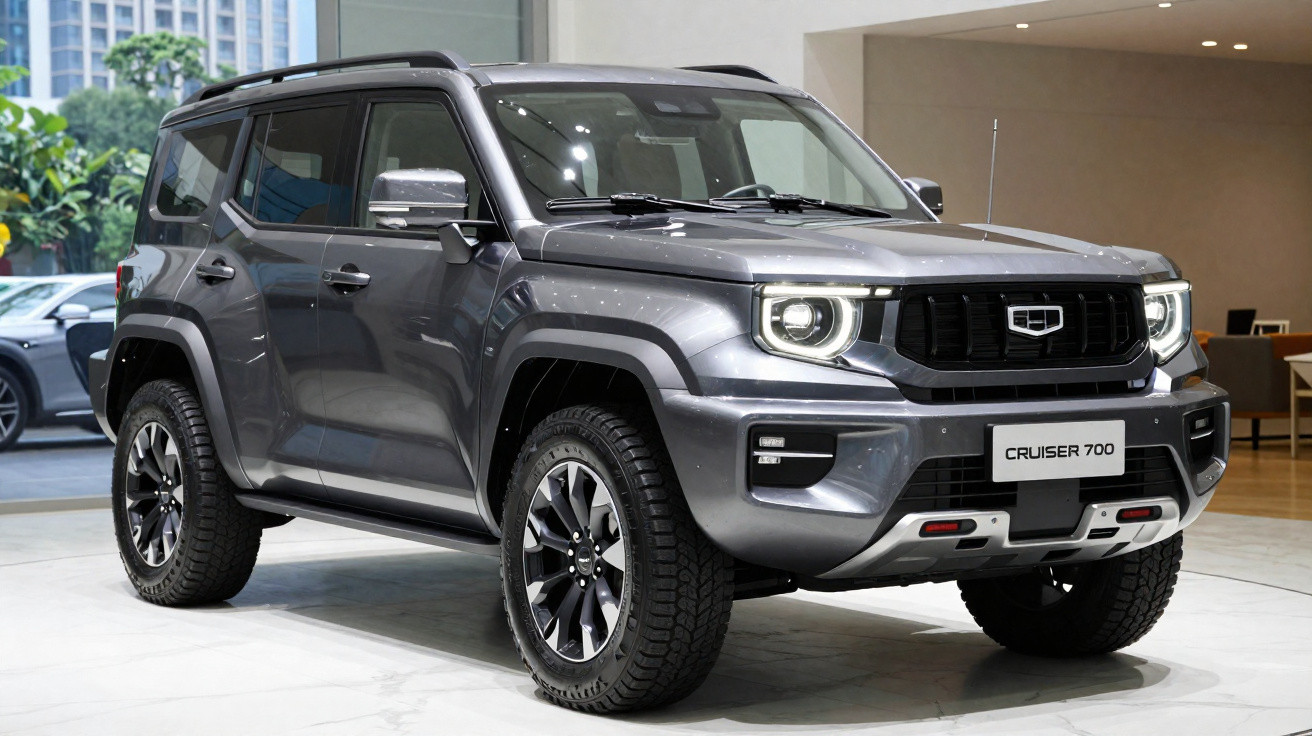SUV cinza escuro Geely Cruiser 700 em exposição em ambiente interno com piso branco.