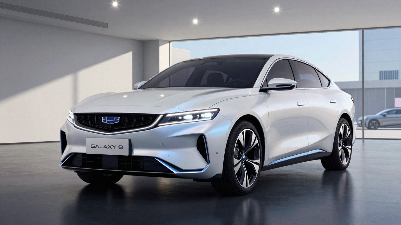Carro sedã elétrico prata Geely Galaxy 8 em ambiente interno iluminado e moderno.
