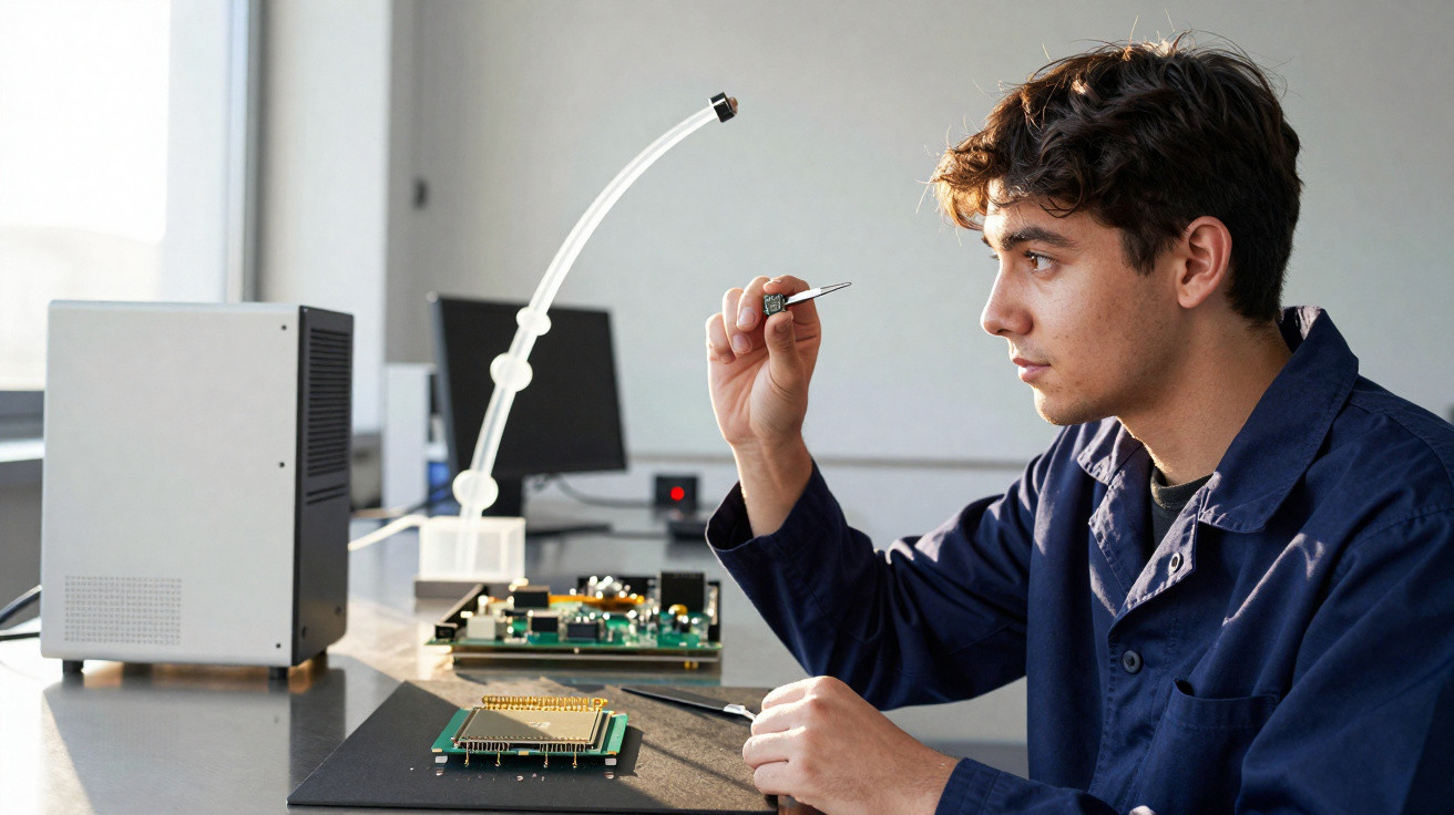 Jovem técnico em laboratório electrónica segurando componente e analisando placa de circuito aberto na mesa.