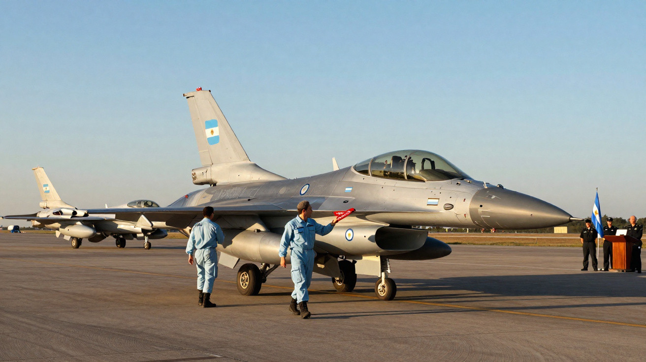 Dois caças F-16 da Força Aérea Argentina em pista com militares ao redor durante evento.