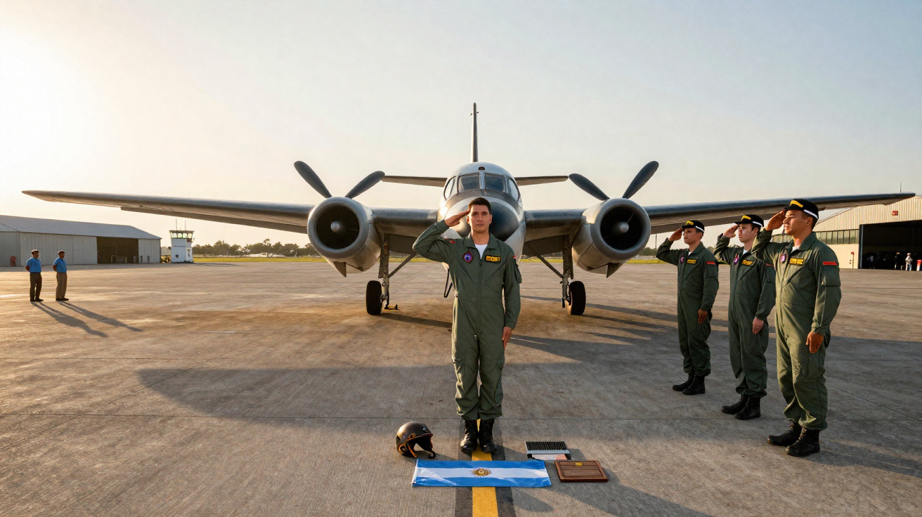 Pilotos militares em uniforme verde fazendo continência em pista diante de avião bimotor em hangar.