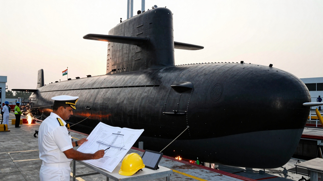 Oficial da marinha em uniforme branco analisa projeto à frente de submarino preto ancorado em doca.