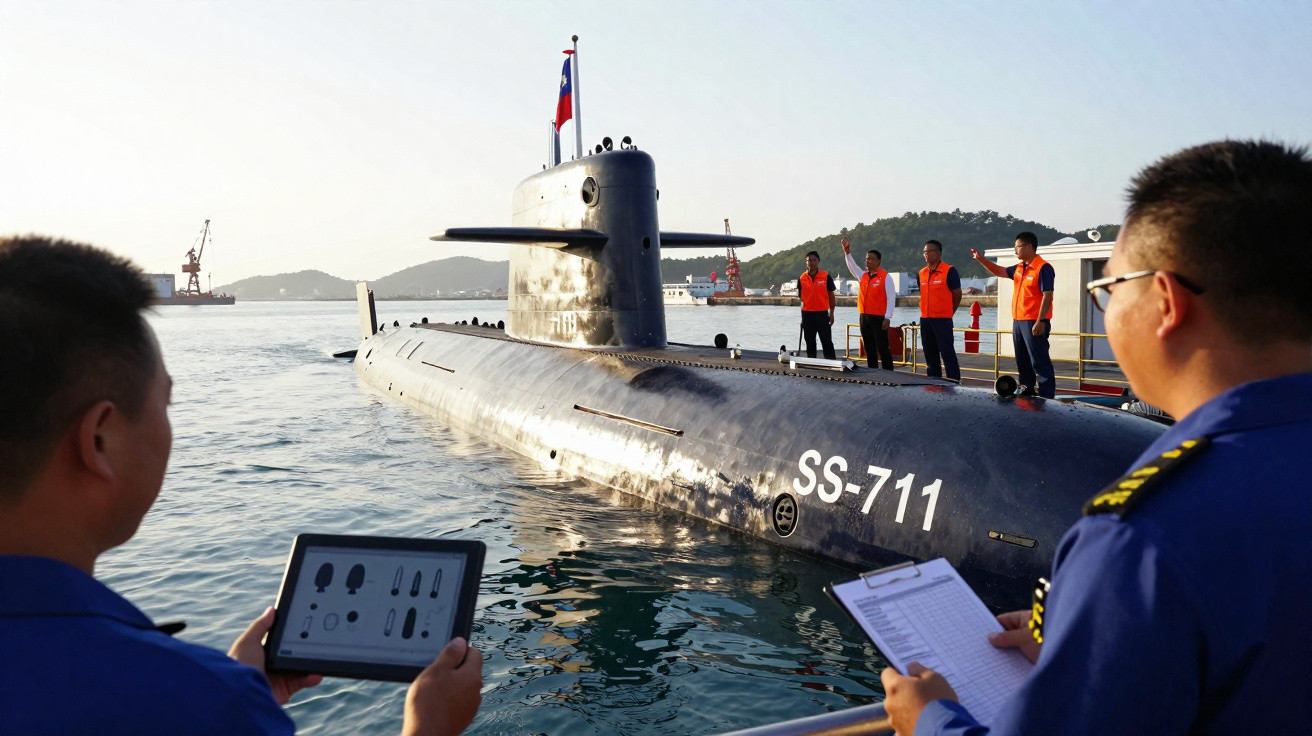 Submarino militar SS-711 com tripulação e oficiais em porto durante o dia.