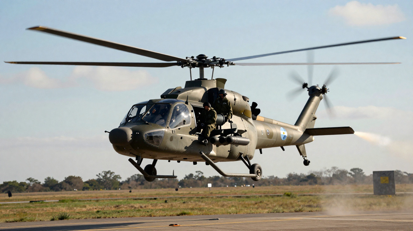 Helicóptero militar voando baixo com dois soldados visíveis na aeronave em área aberta.