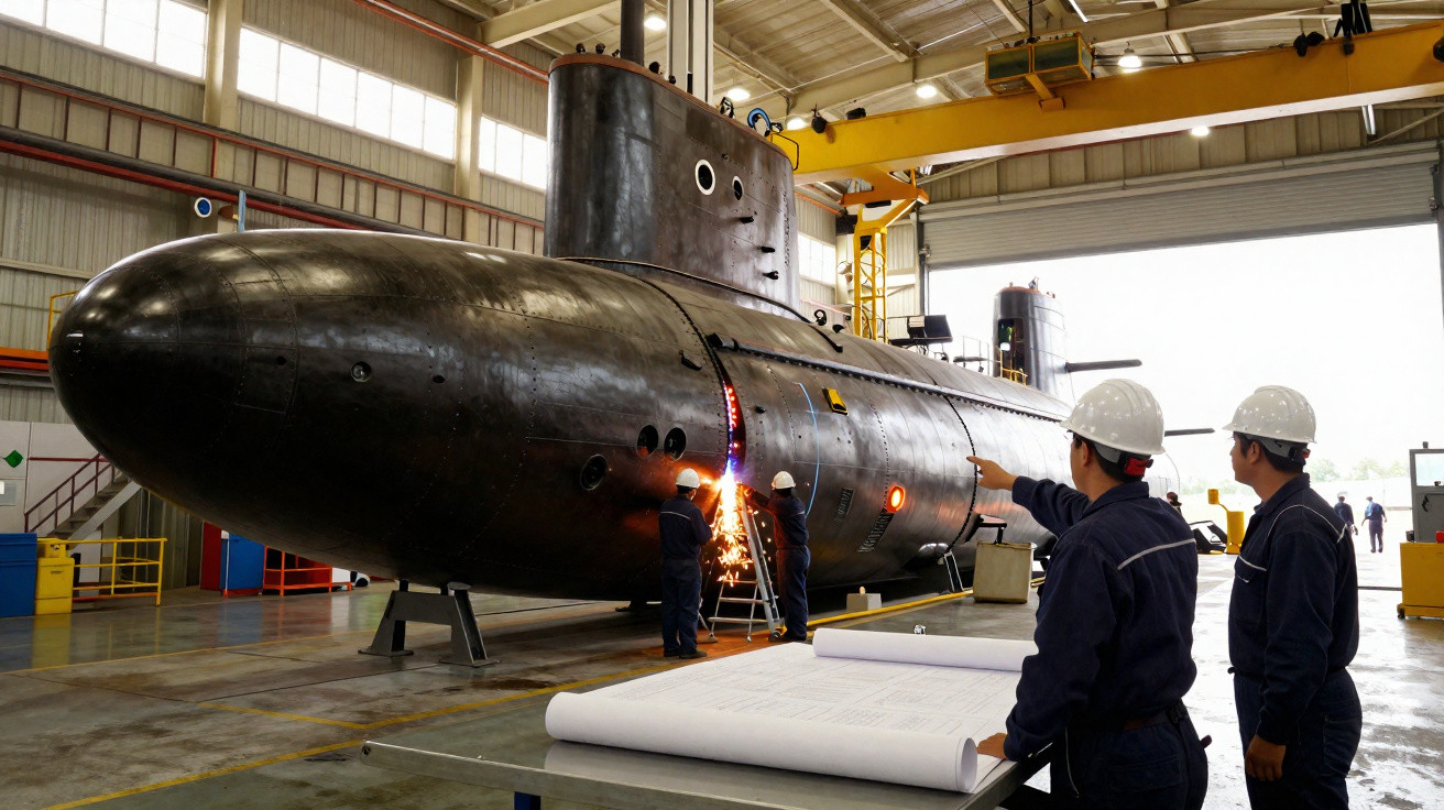 Submarino em manutenção dentro de hangar com trabalhadores usando capacetes e analisando plantas técnicas.