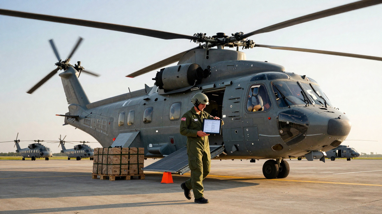Homem com uniforme militar caminha ao lado de helicóptero cinza em base aérea com outros helicópteros ao fundo.