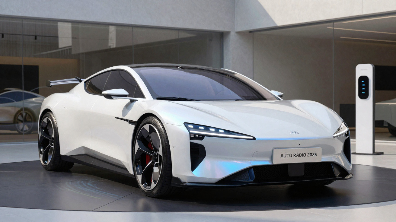 Carro esportivo branco elétrico futurista estacionado em plataforma giratória em showroom moderno.