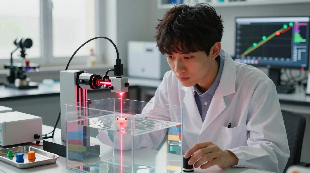 Cientista observa experimento com laser e tanque de água em laboratório moderno e tecnológico.