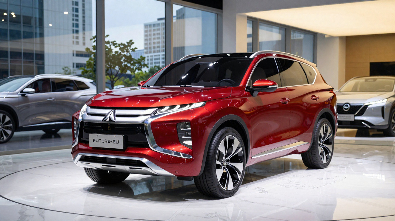 SUV vermelho Mitsubishi Future-EU exposto em showroom moderno com carros ao fundo.