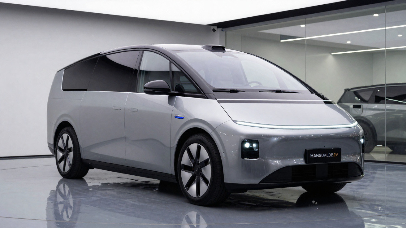 Carro elétrico cinza futurista estilo van em ambiente interno com chão reflexivo e parede de vidro.