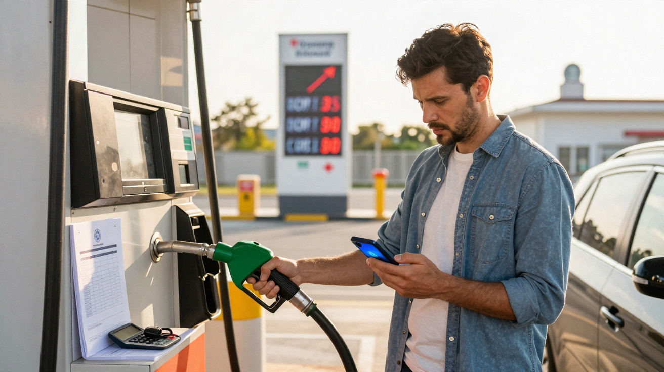 Homem usando celular enquanto abastece carro com gasolina em posto de combustível.