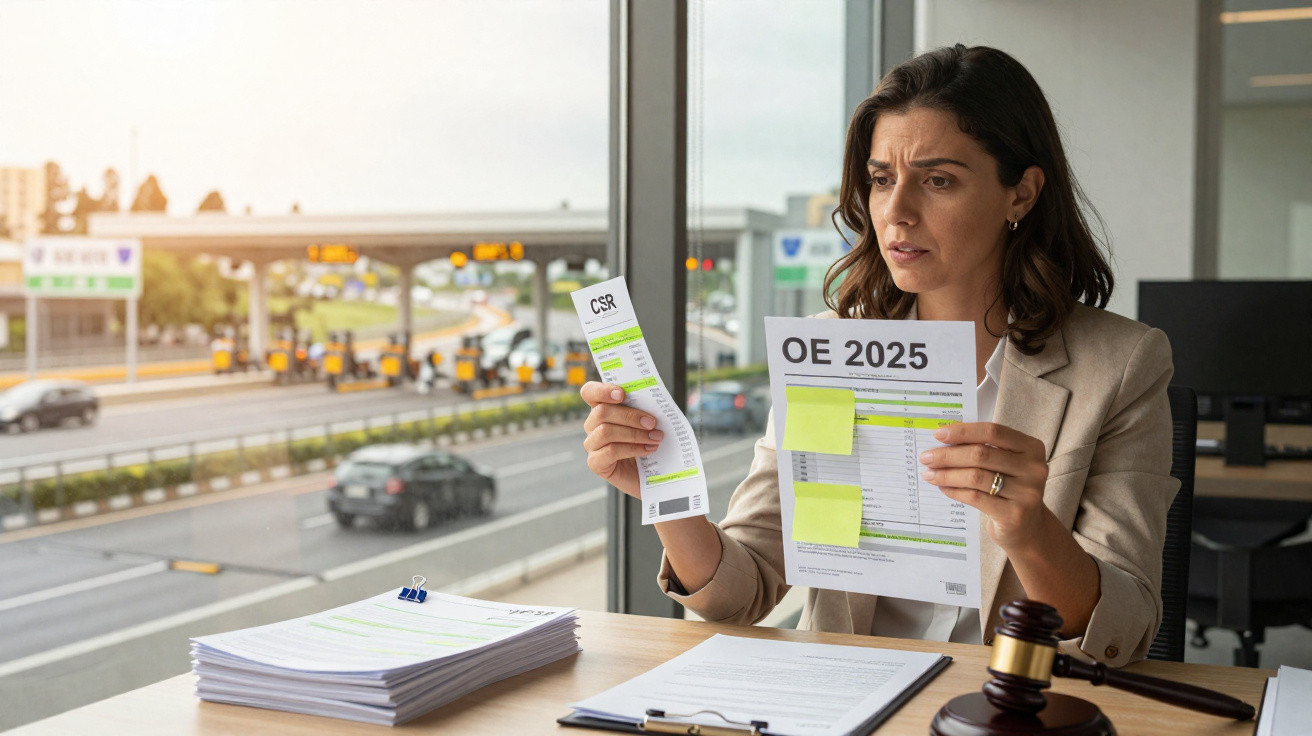 Mulher preocupada analisa documentos com título OE 2025 e conta de energia, sentada próxima a janela com vista para estrada.