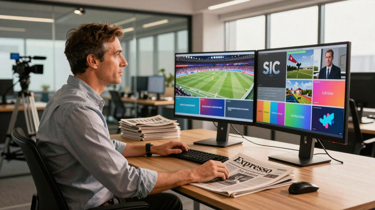 Homem sentado em escritório com jornais e dois monitores exibindo esportes e notícias.
