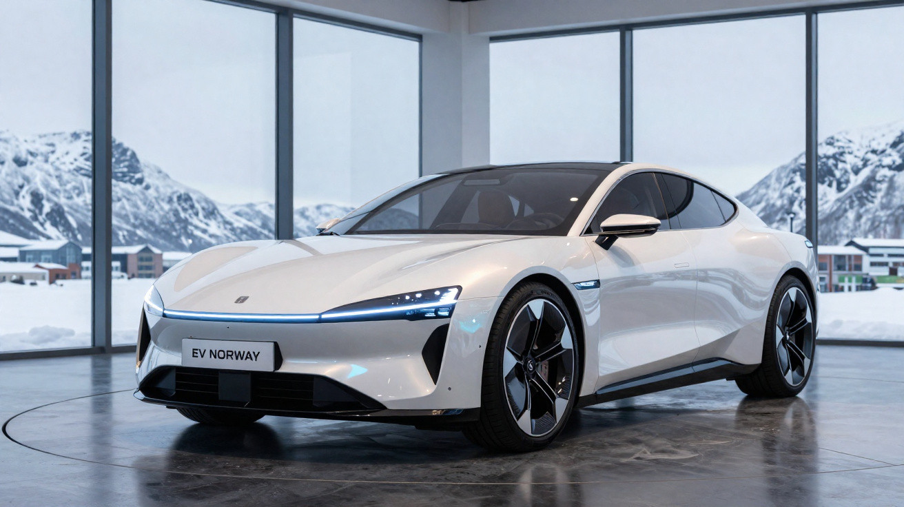 Carro elétrico branco modelo EV Norway em exposição interna com janelas que mostram paisagem nevada externa.