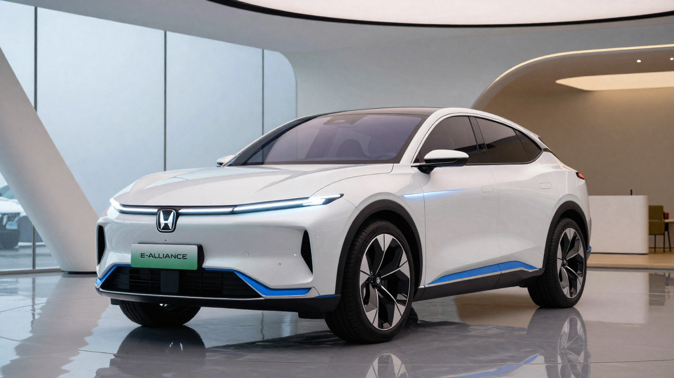 Carro elétrico branco Honda E-Alliance em ambiente interno moderno com iluminação suave.
