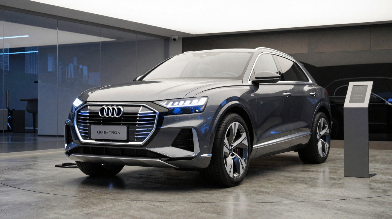 Audi Q8 E-Tron cinza estacionado em showroom moderno com iluminação difusa.