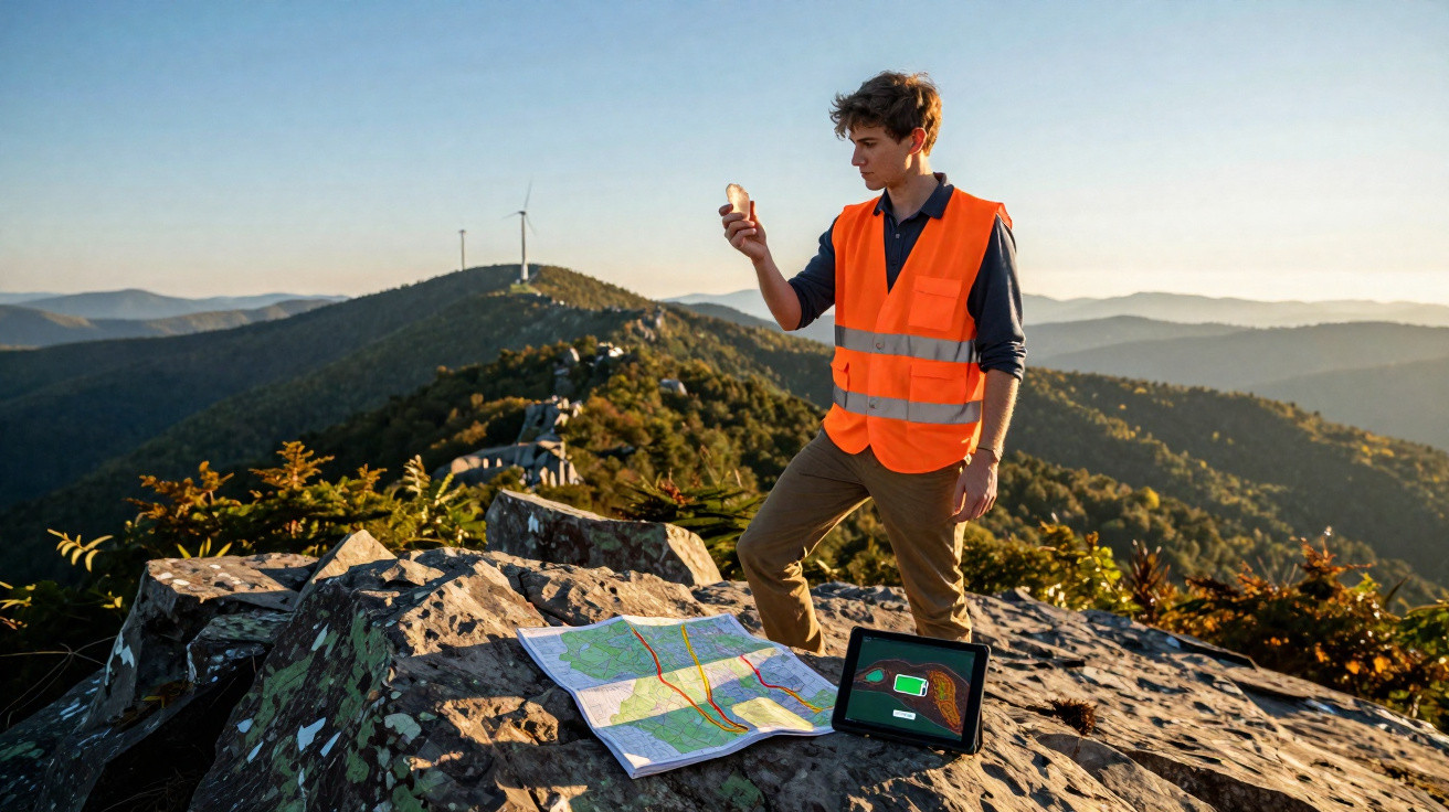 Jovem com colete laranja verifica dispositivo eletrônico em pedra com mapa aberto em área montanhosa durante o dia.