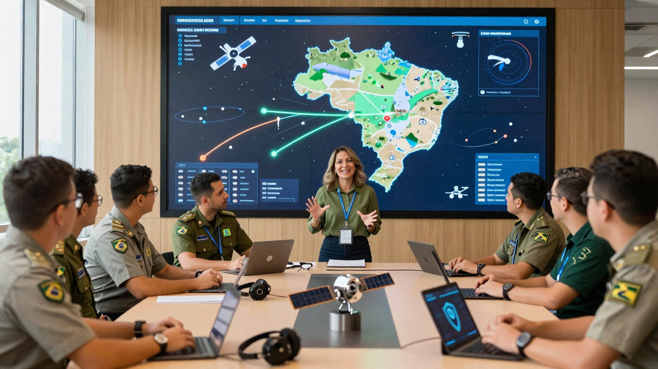 Reunião de militares brasileiros com mulher apresentando mapa digital do Brasil e satélites em sala moderna.