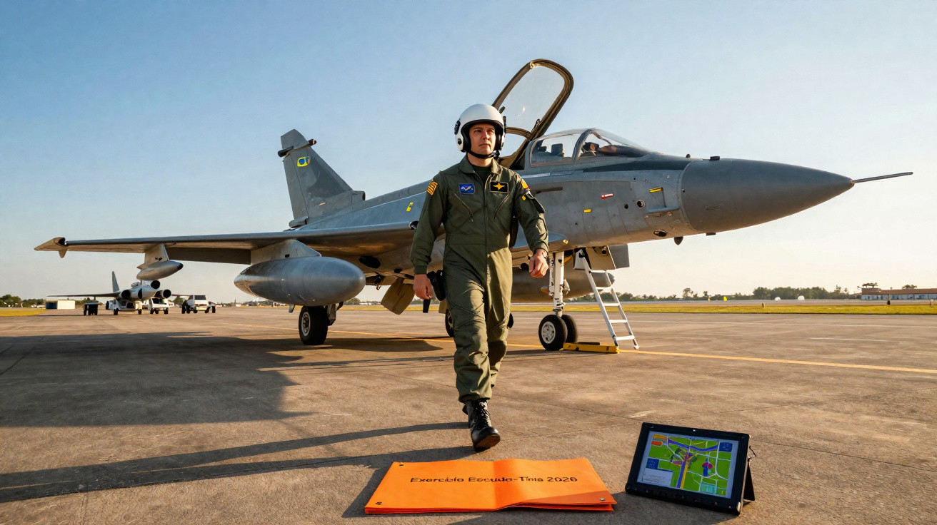 Piloto militar com capacete caminhando em frente a caça Gripen estacionado em pista de aeroporto.