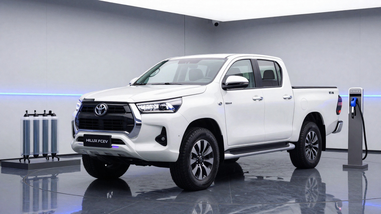 Picape branca Toyota Hilux FCEV estacionada em sala moderna com carregador elétrico conectado.