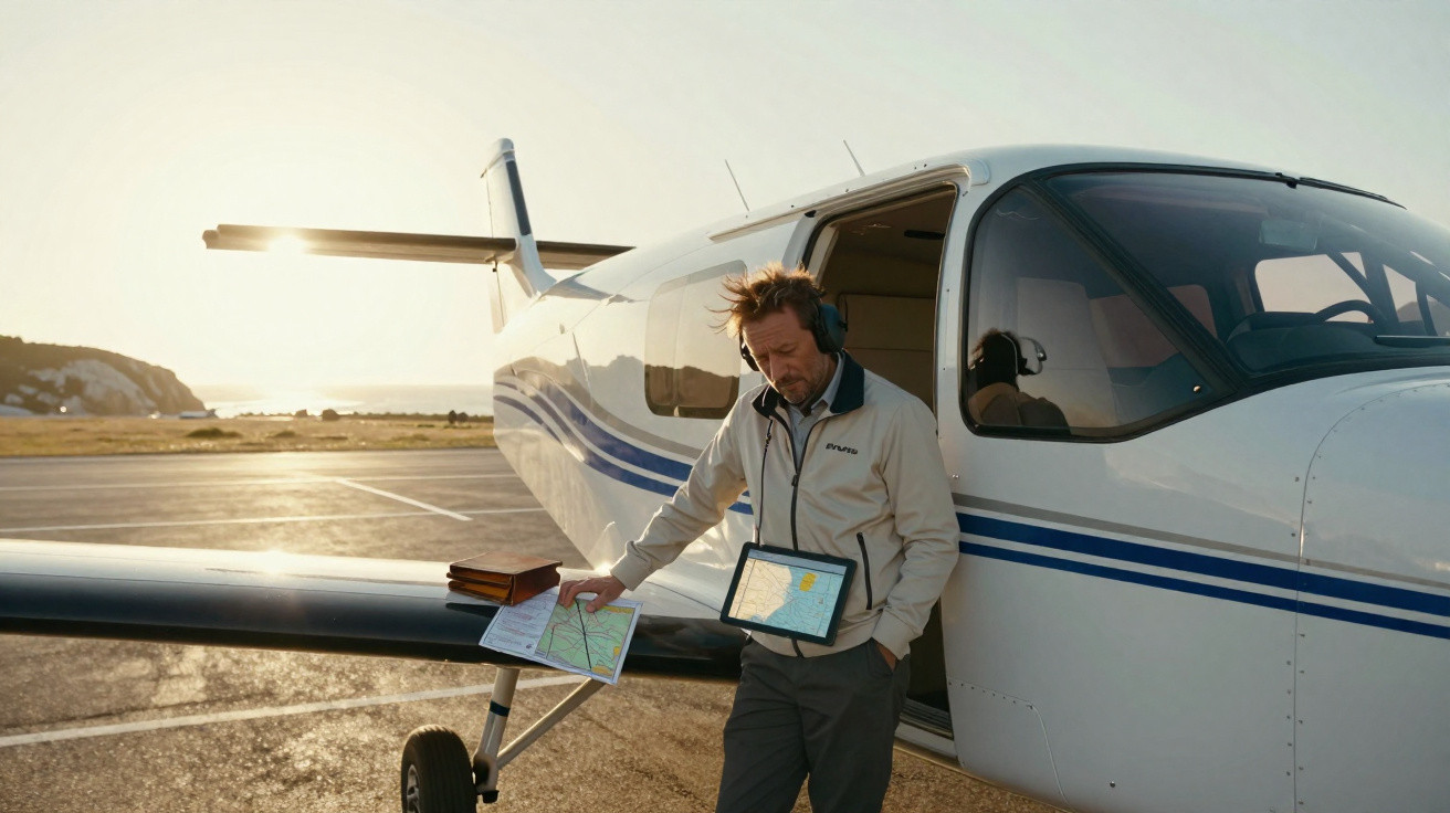 Homem com fone na cabeça verifica mapa ao lado de avião pequeno estacionado no aeroporto ao pôr do sol.