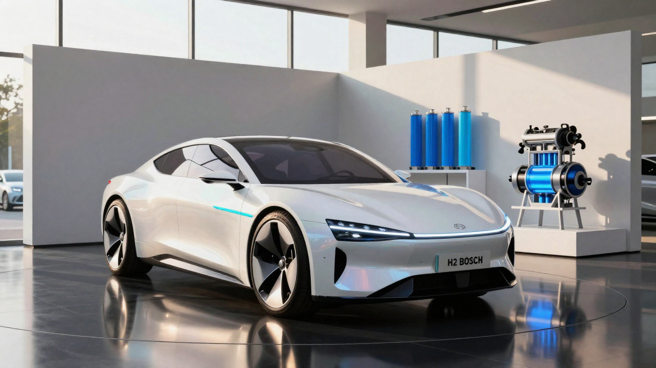 Carro esportivo branco elétrico futurista exposto em salão moderno com luz natural.