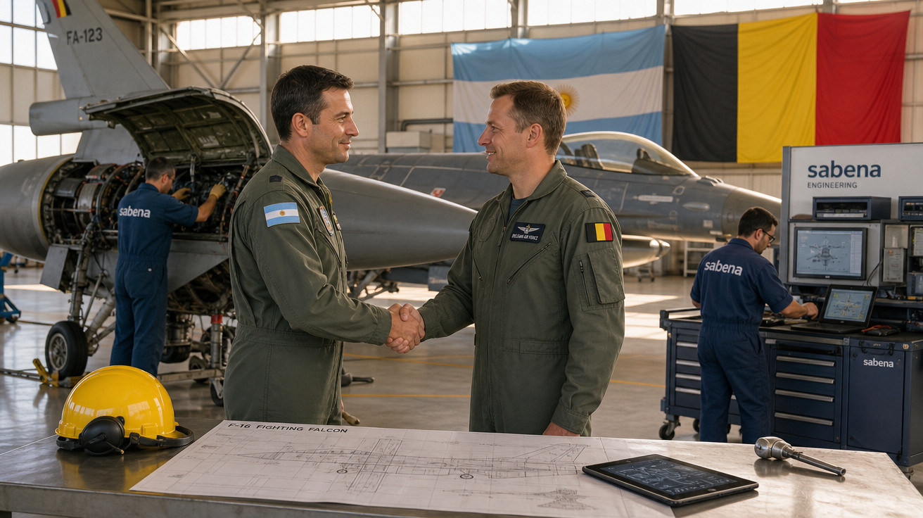 Dois pilotos militares apertam as mãos em um hangar com caça e técnicos ao fundo.