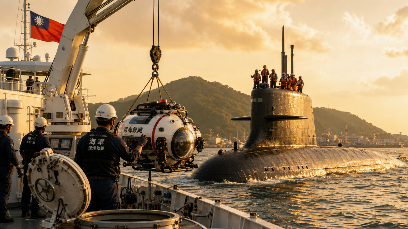 Equipe da marinha operando equipamento subaquático próximo a submarino, com colina ao fundo ao pôr do sol.