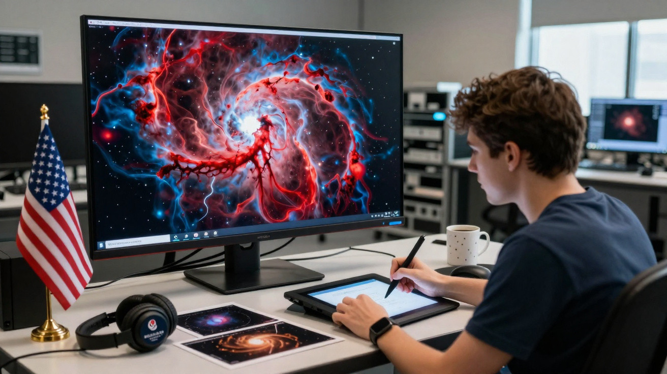 Jovem usando mesa digitalizadora, edição de imagem de nebulosa colorida em monitor grande numa sala de trabalho.