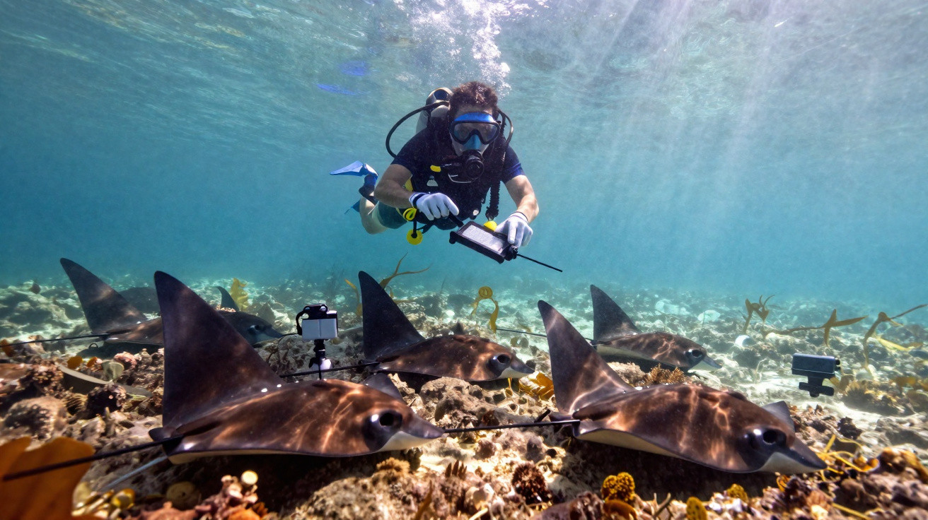 Mergulhador com equipamento de mergulho interage com arraias sobre recife de coral subaquático.