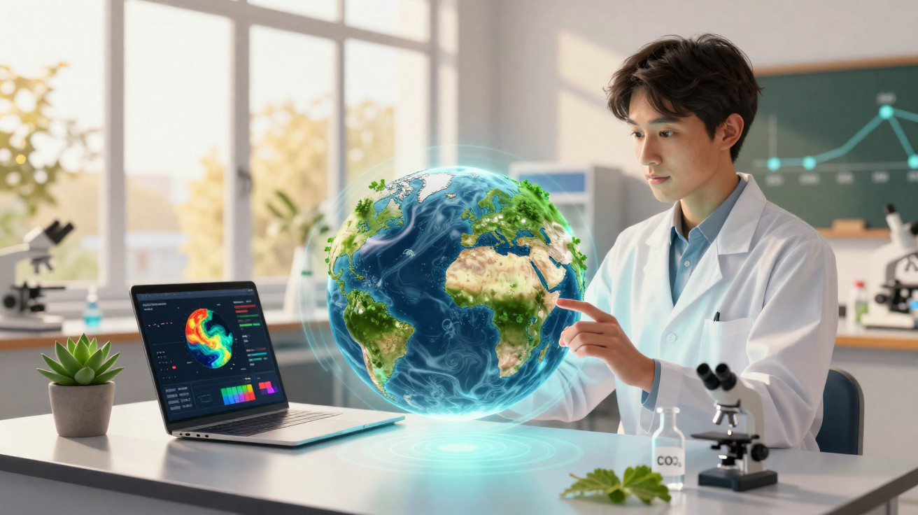 Cientista em laboratório interagindo com holograma 3D do planeta Terra e dados ambientais no laptop.