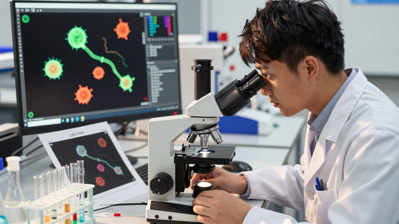 Pesquisador usando microscópio em laboratório com imagens de vírus exibidas em telas ao fundo.