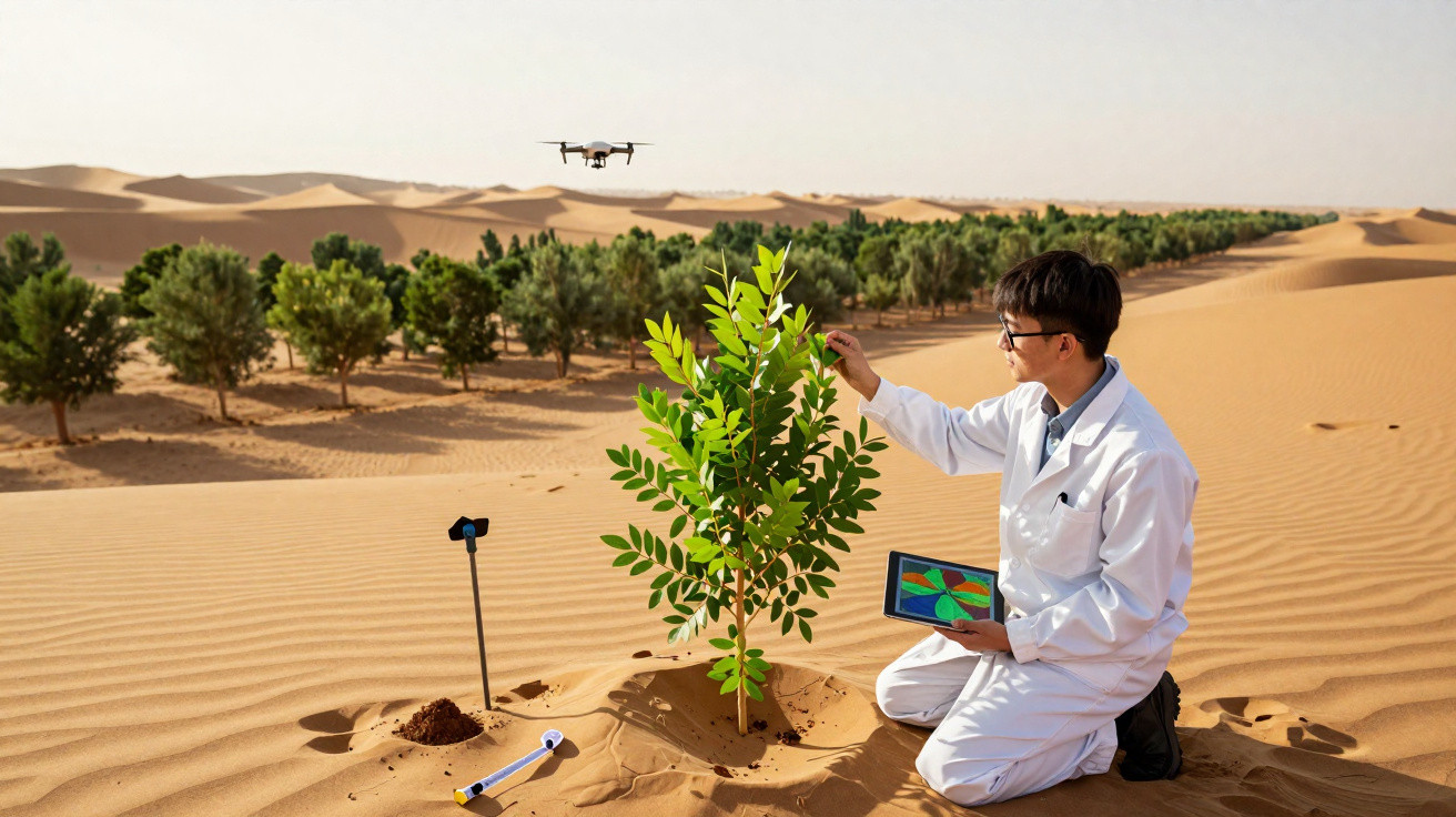 Pesquisador com jaleco branco analisa planta em área desértica com drone voando e quadro de dados na mão.