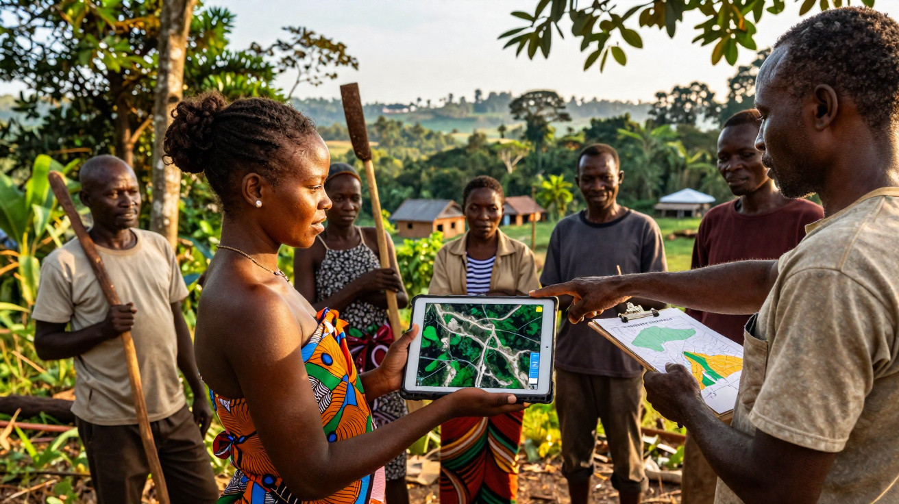 Grupo de pessoas em área rural analisando imagens de mapa em tablet e papel ao ar livre.