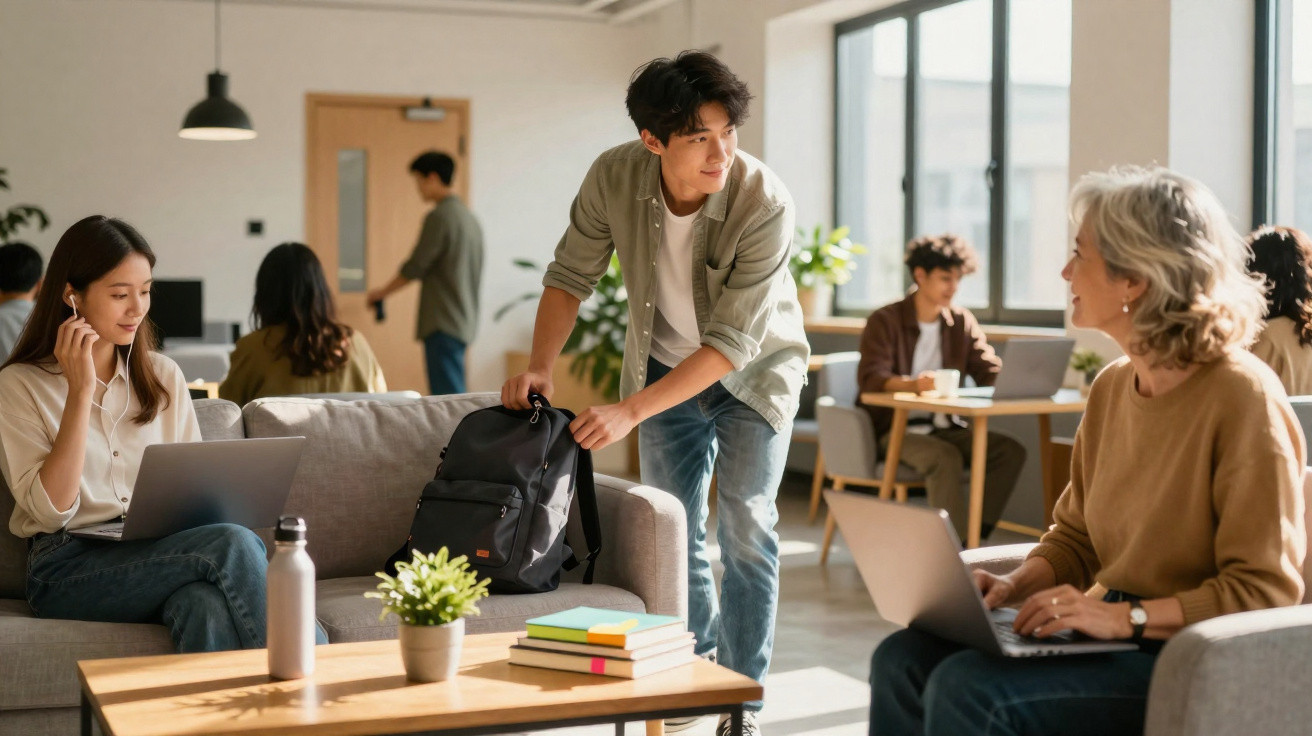Grupo de pessoas em ambiente de trabalho colaborativo com laptops e interação.