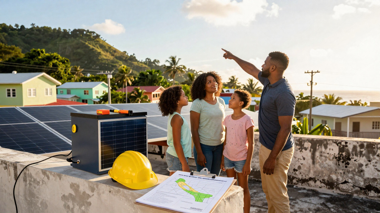 Família observa homem apontando para painéis solares em telhado com capacete e projeto ao lado.