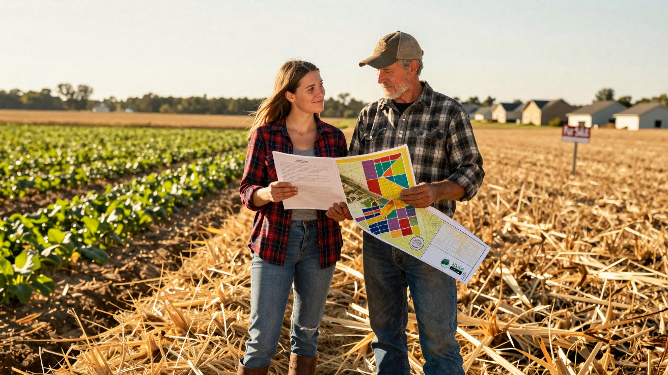 Homem e mulher em fazenda analisando planta de cultivo e documento durante o dia.