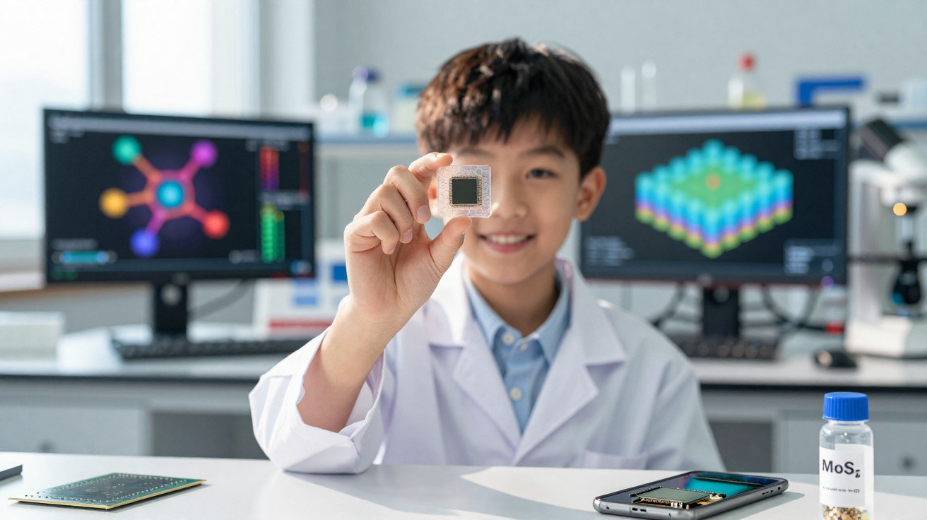 Criança com jaleco branco segurando microchip em laboratório com computadores e equipamentos tecnológicos ao fundo.