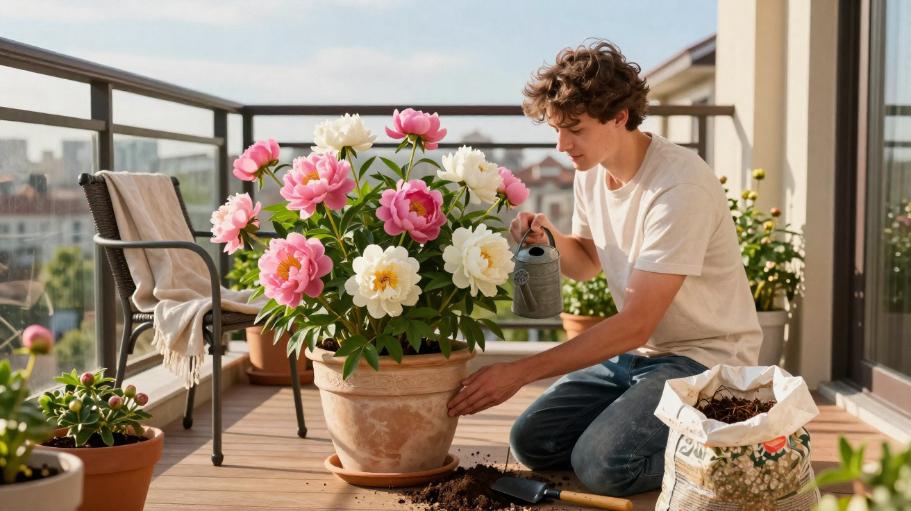 Jovem regando flores rosas e brancas em vaso grande na varanda com cadeira e sacola de terra.