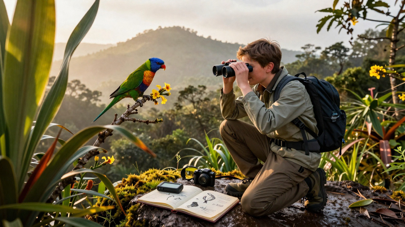 Jovem observa um pássaro colorido com binóculos em área montanhosa, com caderno, câmera e rádio ao lado.