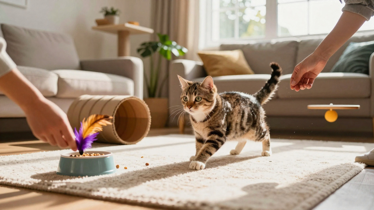 Gato brincando com penas coloridas em sala de estar iluminada, com mãos humanas interagindo.