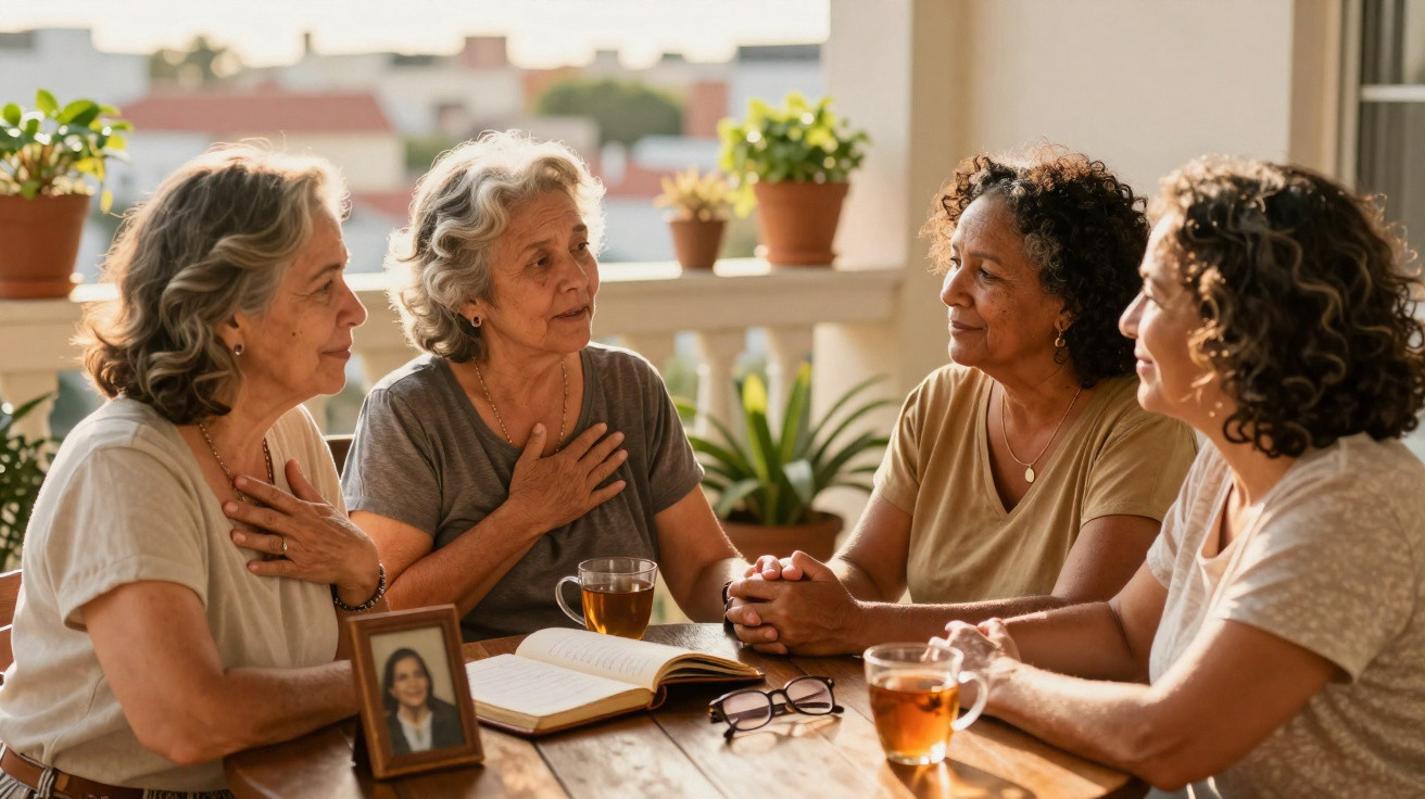 Quatro mulheres idosas conversando e segurando as mãos em volta de uma mesa com chá e livro.